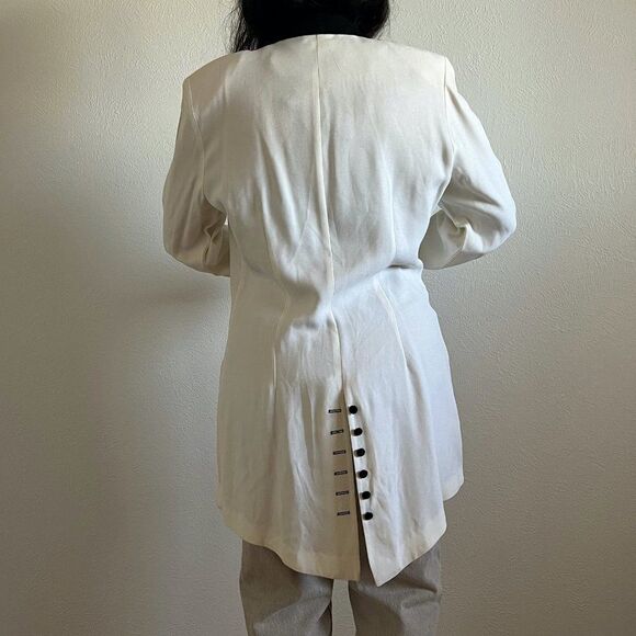 vtg 80s‎ white and black classic long formal blazer 5 button retro size 12 - Picture 6 of 9